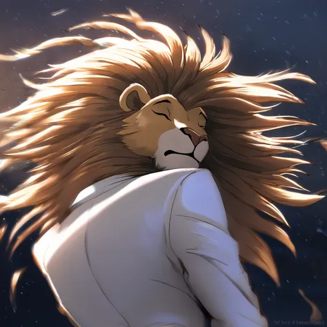 Art of a lion furry, in Mane hairstyle style, Wearing a white suit, Model pose, arrested, wind, with eyes closed, at night with low backlighting.