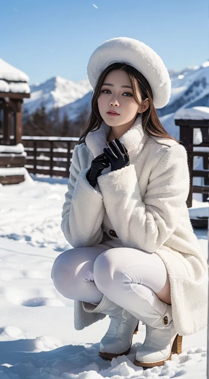 photograph、bright、Beautiful and cute woman、Silver long hair、White fur Cossack hat、白いスタイリッシュなgloves、white long coat、White long boots、Snow landscape background、whole、Fur collar、gloves、High resolution、4K quality