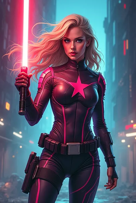 comic book storyboard:1.8, , text in english,Historia de Jennifer Lawrence,selena gomes(1 woman) 30 year old full body training for a battle, holding a lightsaber in his hand,superheroine in futuristic costume ,cyberpunk theme, spaceship, Text dialog box, ...