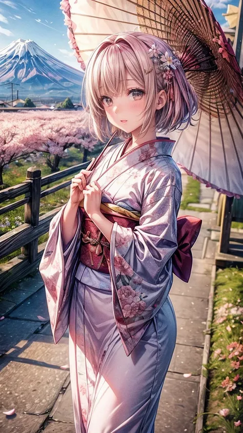 masterpiece, High image quality, Very detailed, woman, short hair, hairpin, Lace-based kimono, Spring flowers, Windy, Open Shrine, Pink petals, Mount Fuji, Written boundary depth, Blurred Background