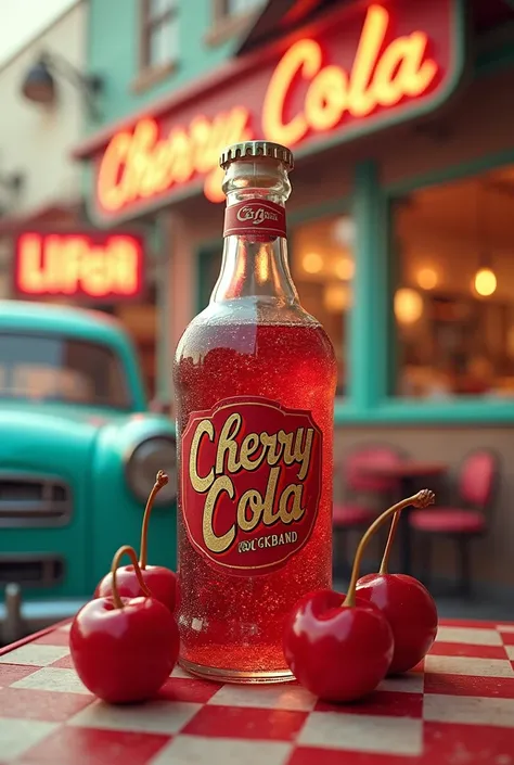 Create a vintage-inspired, 3D banner for a 1950s-themed,  The banner should feature the main title, "Cherry Cola," in bold, retro lettering, with "RockBand" beneath it in a smaller, elegant font.
Design elements:
 * Color palette: Vibrant, 1950s hues like ...