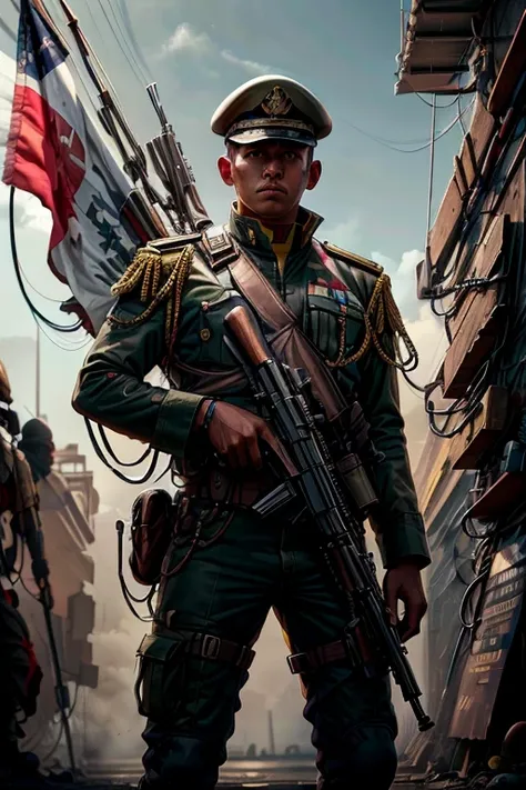 Venezuelan uniformed military man in serious standing position saluting the flag with a weapon at his side