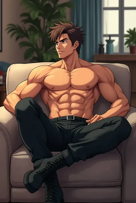 Tanned anime adult boy, strong defined shirtless with black military pants, and black military boots on his feet, sitting on the sofa full length, brown wavy hair blue eyes living room scene anime high definition