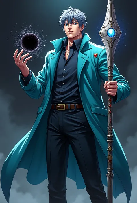 A 2 man, 1&#39;97 tall, with short dark gray hair, wearing a cyan jacket, and your eyes are blue and white (one color in each eye), the man has a serious expression, the man holds a black hole in his hand, and in the other a spear (the spear is extremely d...