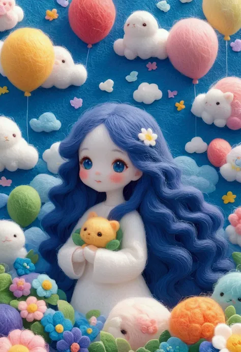 a delicate felt painting：happy little friend，fluffy and soft long hair。bust。dreamy and beautiful。