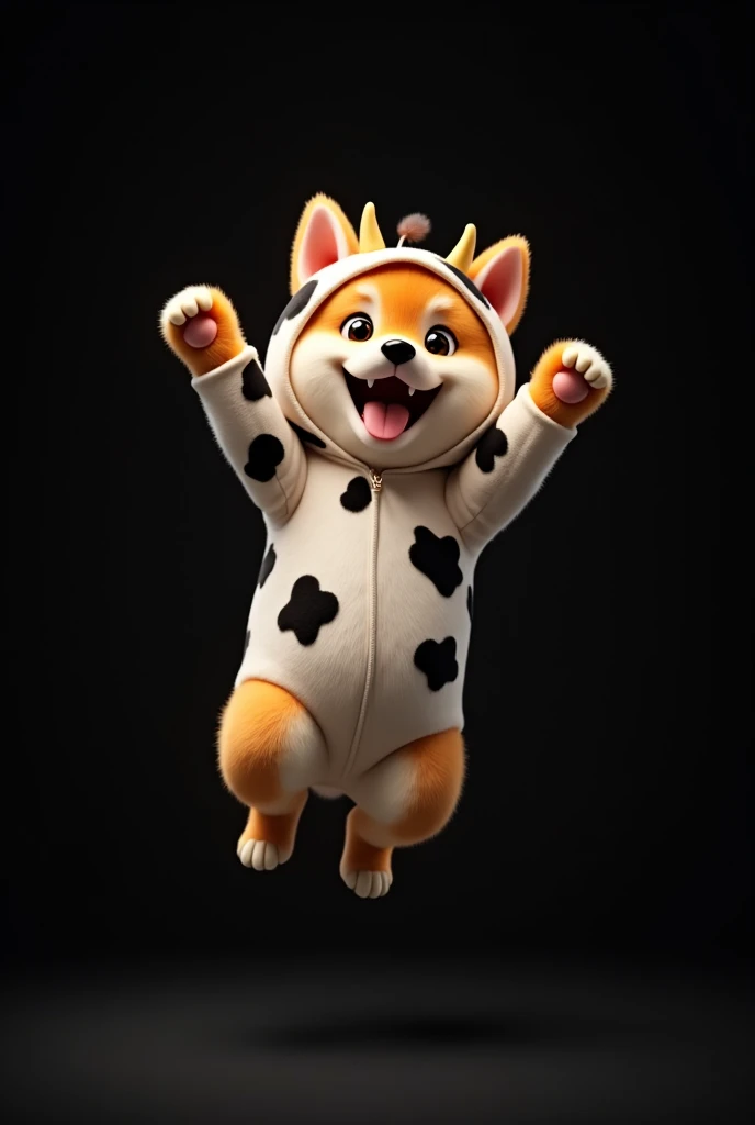 puppy　Shiba Inu　cute　Cow Costume　Disney and Pixar Style,Explode with joy and jump high　 Black background