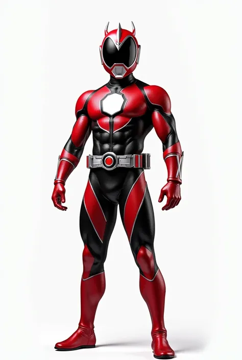 (photorealism:1.2), full full Body photorealistic an Handsome Japanese Sentai hero. His suit should be red and black metallic micro scales textured spandex.with gloves and belt and race track design. He should have a special white octagonal logo with  desi...