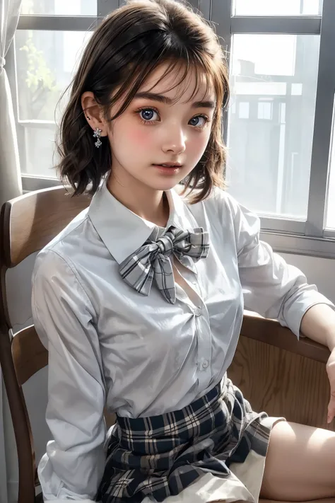 photograph, Beautiful young girl, sitting cross-legged in a small metal chair, Writing in notebooks on students&#39; desks, Wearing a tight white blouse and a plaid skirt, Bow tie, Earrings,Fascinating short hair, Small breasts, indoor, Soft lighting, Sunl...