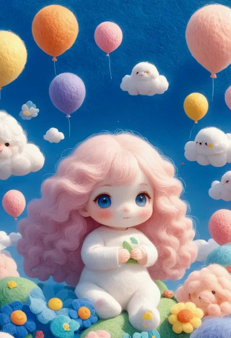 A delicate felt painting：Happy little friend，Fluffy and soft long hair。bust。Dreamy and beautiful。