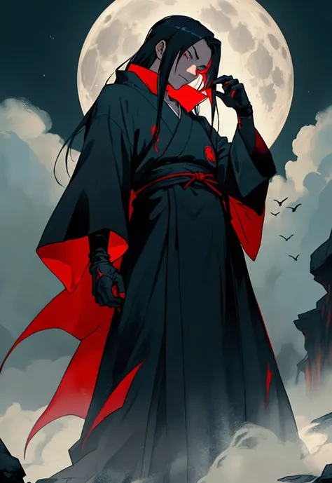 An anime-style character inspired by Itachi Uchiha from Naruto, standing in a mysterious and powerful pose. The character wears a long, dark cloak with red cloud patterns, similar to the Akatsuki robe, and has long, straight hair partially covering their f...