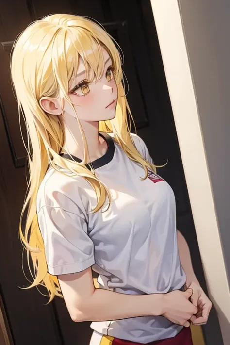 1girl, 30 years old, gym clothes, blonde hair, long hair, blonde, yellow eyes, shy, wearing all white, eligant posture, beautiful 