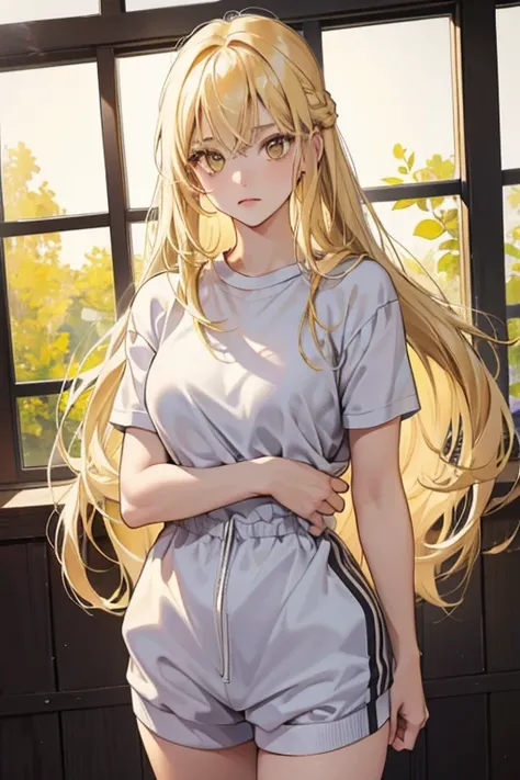 1girl, 30 years old, gym clothes, blonde hair, long hair, blonde, yellow eyes, shy, wearing all white, eligant posture, beautiful 