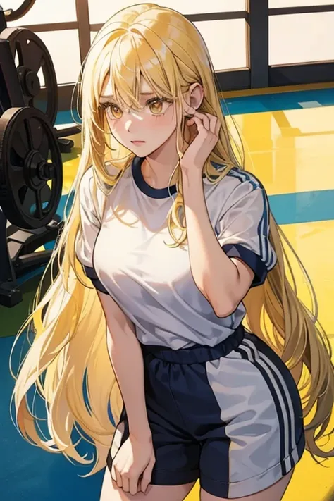 1girl, 30 years old, gym clothes, blonde hair, long hair, blonde, yellow eyes, shy, wearing all white, eligant posture, beautiful 