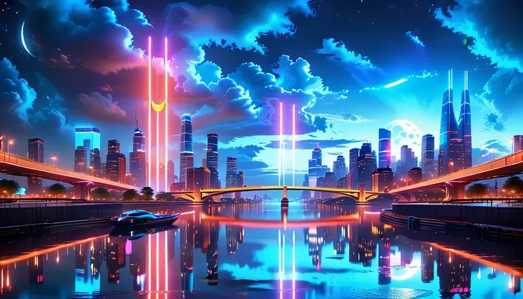 A Masterpiece In 32K Resolution: Supreme Quality, Super Detail, Official Art, Very High-Resolution 32K Wallpaper, Beautiful And Aesthetic, Ultra-Detailed Features, Awe-Inspiring Detail. An Awe-Inspiring Night View Of A Futuristic Cityscape, Featuring A Maj...