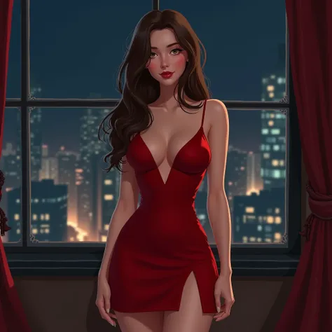 Draw me a beautiful 20 year old woman, Long Brown Hair, beautiful honey brown eyes, porcelain skin, medium large breasts, body and hips are not very large and she is standing, She is wearing a red dress, The part of her legs is slightly open and the neckli...