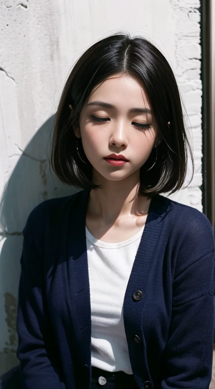 photograph、80～Create a striking and evocative portrait in the style of 90s Japanese retro anime。This scene、It features a woman surrounded by deep blue light, sitting against a wall with her eyes closed.。Illuminated dramatic shadows。The background is cut、Th...