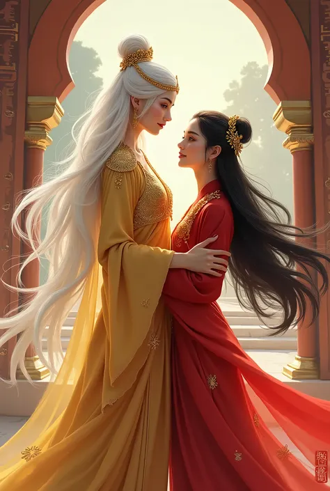 "Create an illustration of Artaxura, a beautiful Persian goddess with long white hair and violet eyes, standing confidently. She wears a golden gown adorned with symbols of divinity. Beside her is her Chinese princess wife, who has porcelain skin and long,...