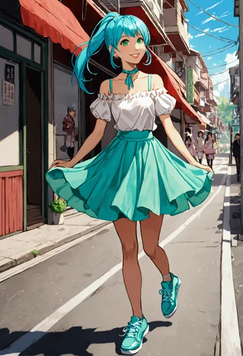 Asian girl, cyan hair, ponytail hair, green eyes, cyan lipstick, colorful clothes, choker, red sneakers, ballerina skirt, shining smile, happiness, walking down the street, inland city, sunny day.