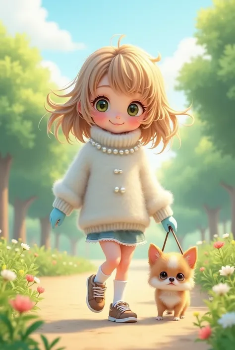 A refreshing morning、A girl walks her dog in the park。
Girls、A fluffy white sweater decorated with pearl beads。
Light blue gloves、The dog is a chihuahua、Girls hair、
Light golden brown、It&#39;s fluffy。
The facial features、Big eyes、Eye color is、Greenish brow...