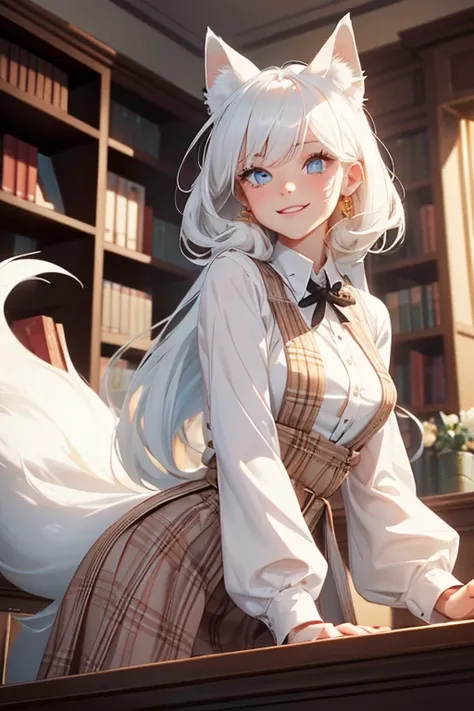 Perfect face. Perfect hands. No human ears. A young white haired woman with copper eyes and white fox ears and a white fox tail in a plaid dress is smiling at the librarians desk