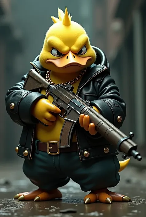 Psyduck dressed like a gangster, myth uzi, 
Angry, 