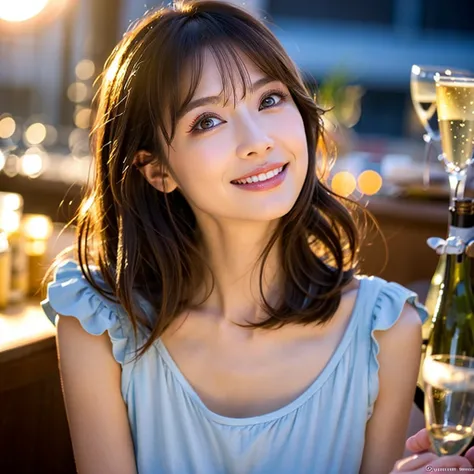 (Realistic, 超Realistic:1.4), 16K HDR, High resolution,(Wine Glasses),(Wine bottle),(Champagne glasses),Age 33,2,Happy smile、short hair,The best smile、Japanese actress,so beautiful(It looks like the real thing),dress、red wine、White Wine、Sparkling wine、Slim ...