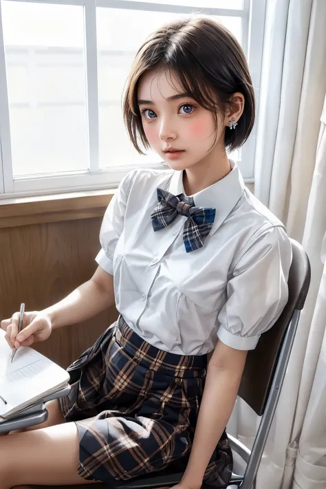 photograph, Beautiful young girl, sitting cross-legged in a small metal chair, Writing in notebooks on students&#39; desks, Wearing a tight, thin, pure white blouse and a tartan check skirt, Bow tie, Earrings,Fascinating short hair, Small breasts, indoor, ...