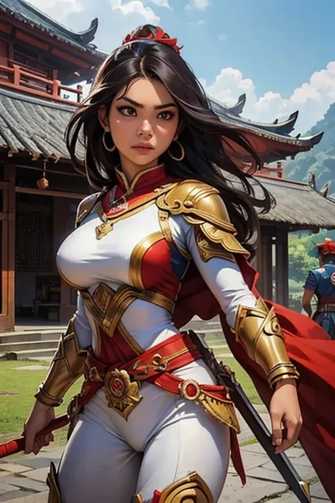 Heroes designed with typical features of Indonesian culture and history、Hero suits with national flag motifs、A strong sense of justice、Active and beautiful woman、Iconic Landmarks and Scenery、((Best Quality))