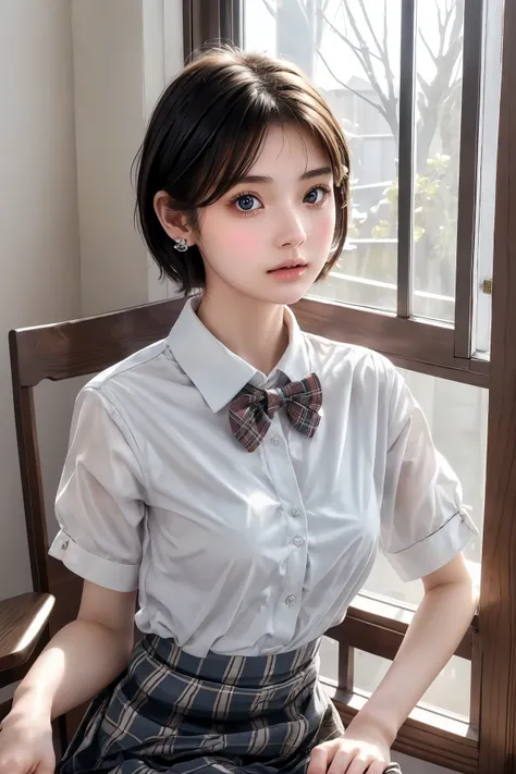 photograph, Beautiful young girl, sitting cross-legged in a small metal chair, Writing in notebooks on students&#39; desks, Wearing a tight, thin, pure white blouse and a tartan check skirt, Bow tie, Earrings,Fascinating short hair, Small breasts, indoor, ...