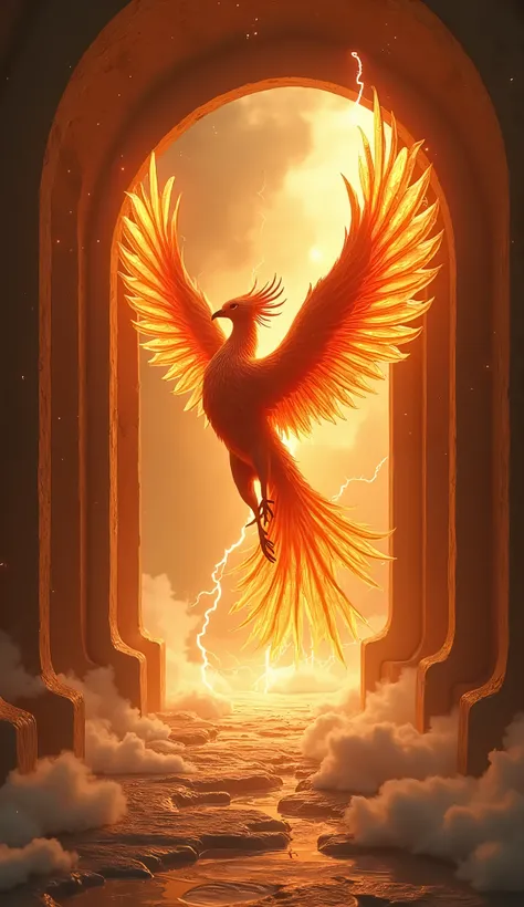 theme：(phoenix:1.4), A room whose walls appear to move and change shape when observed, detailed, A mind-blowing illusion, shining bird, realistic details, amazing quality, melting magical power, in lightning in storm,