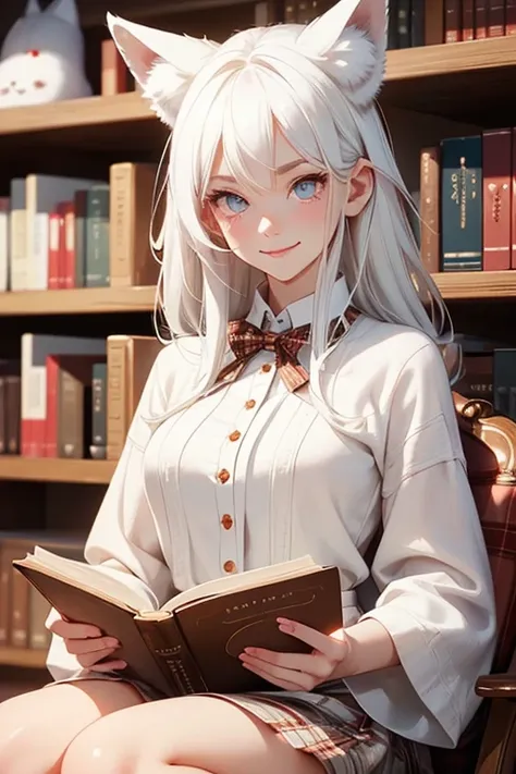 Perfect face. Perfect hands. No human ears. A young white haired woman with copper eyes and white fox ears and a white fox tail in a plaid dress is smiling while reading a book at the library