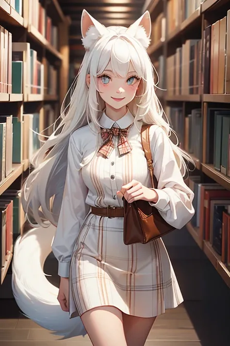 Perfect face. Perfect hands. No human ears. A young white haired woman with copper eyes and white fox ears and a white fox tail in a plaid dress is smiling while walking in the library