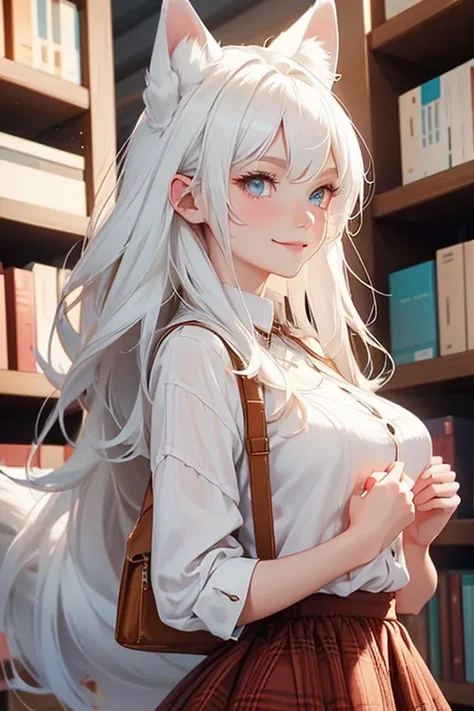 Perfect face. Perfect hands. No human ears. A young white haired woman with copper eyes and white fox ears and a white fox tail in a plaid dress is smiling while walking in the library