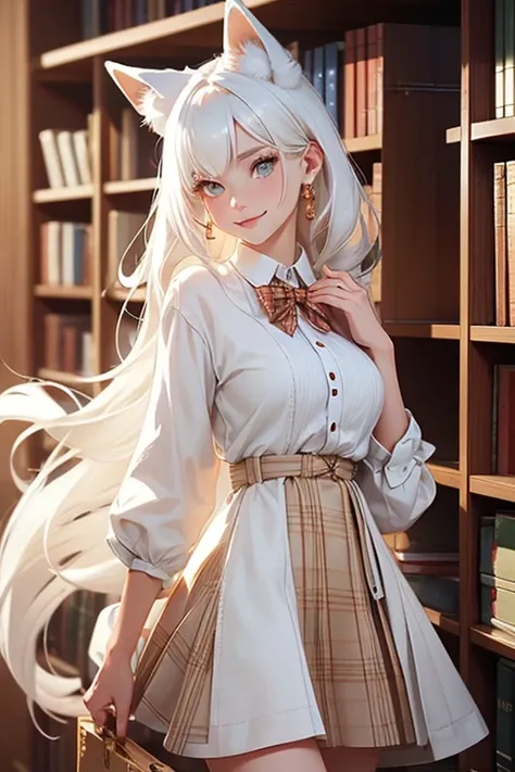 Perfect face. Perfect hands. No human ears. A young white haired woman with copper eyes and white fox ears and a white fox tail in a plaid dress is smiling while walking in the library