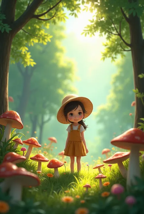 Girl picking mushrooms in the forest in a beautiful clearing