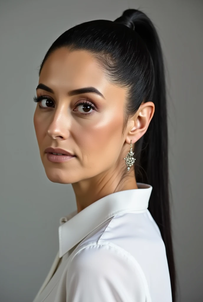 A 6 woman with black hair styled in a sleek ponytail. Her skin is light brown, and she has an elegant, composed expression. She is dressed in a tailored, stylish blouse with simple, classy accessories. The focus is on her upper body, capturing the smooth l...