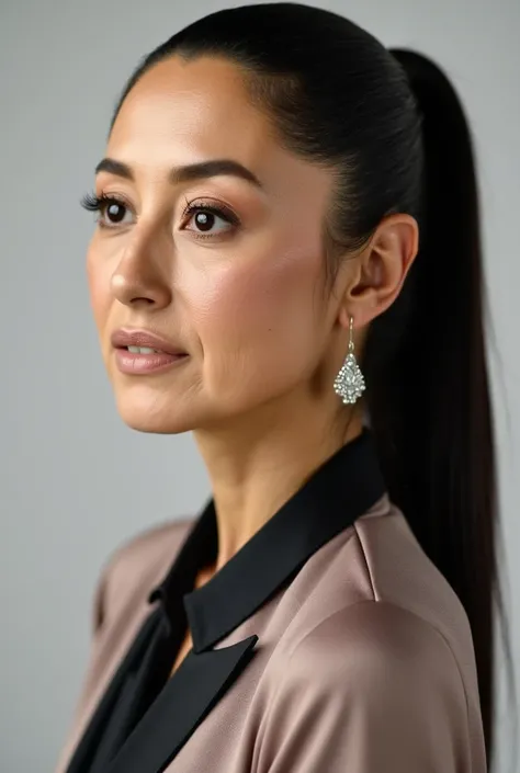 A 6 woman with black hair styled in a sleek ponytail. Her skin is light brown, and she has an elegant, composed expression. She is dressed in a tailored, stylish blouse with simple, classy accessories. The focus is on her upper body, capturing the smooth l...