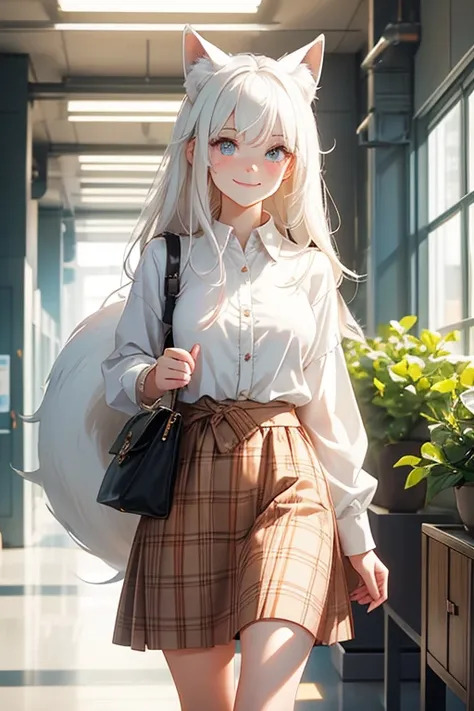 Perfect face. Perfect hands. No human ears. A young white haired woman with copper eyes and white fox ears and a white fox tail in a plaid dress is smiling while walking the indoor school hallways