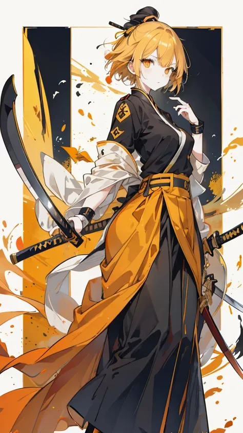 1 female, duck，yellow short hair，Orange Eyes，yellow military uniform，Black scabbard katana