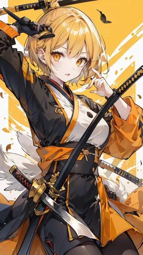 1 female, duck，yellow short hair，Orange Eyes，yellow military uniform，Black scabbard katana