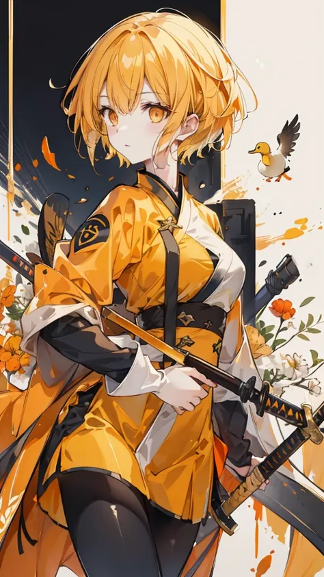 1 female, duck，yellow short hair，Orange Eyes，yellow military uniform，Black scabbard Tang sword