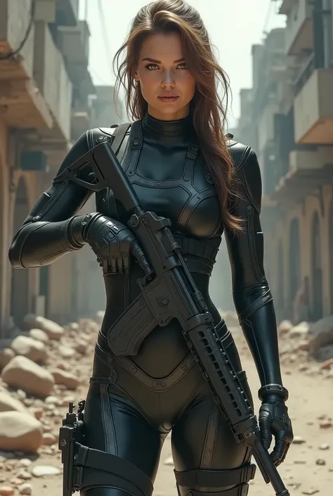 Attractive female soldier wearing a tactical catsuit and holding a machine gun in one hand.