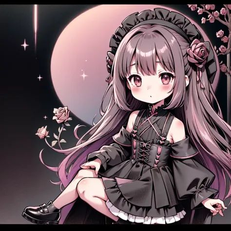 Attractive face、Chibi、、Black clothes、Long sleeves with flared cuffs、Shoulders are exposed、One piece flare skirt、Rabbit with stuffed toy、Black and floral pink palette、Gothic Shoes、Positive、Black Rose、🌙、Perfect Anatomy、heart、