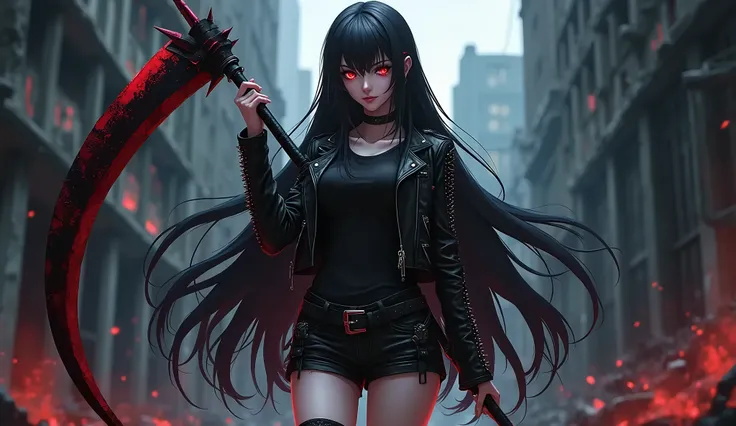 This is an image of a female anime character. highly detailed image "Create a female character with long black hair, wearing a black spiked jacket and leather shorts, holding a spiked scythe. The character must have a dark and mysterious appearance, with r...