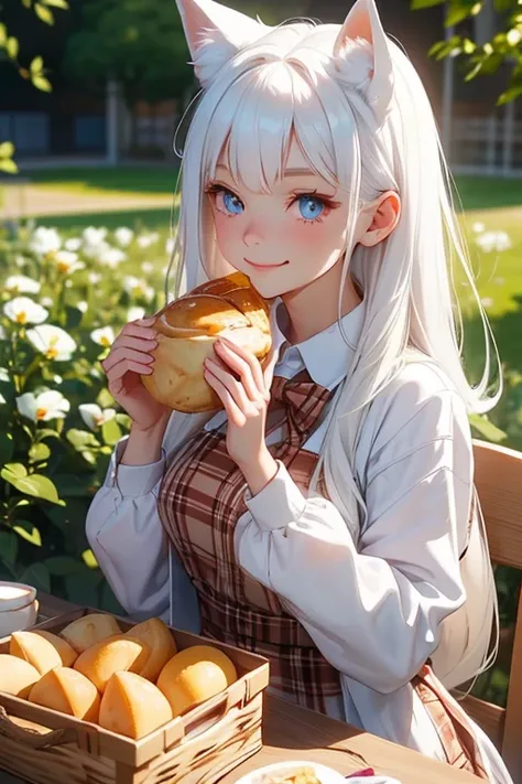 Perfect face. Perfect hands. No human ears. A young white haired woman with copper eyes and white fox ears and a white fox tail in a plaid dress is smiling while eating lunch in the school garden