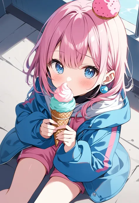 1girl, long pink and blue hair, ice-cream cone on head, pink and blue eye, ice-cream earrings, puffy blue coat, pink shorts, blue sneakers, licking ice-cream in hand, 