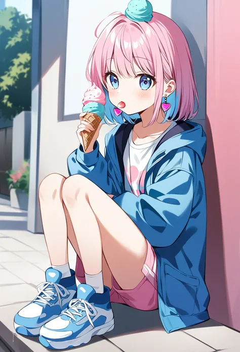 1girl, long pink and blue hair, ice-cream cone on head, pink and blue eye, ice-cream earrings, puffy blue coat, pink shorts, blue sneakers, licking ice-cream in hand, 