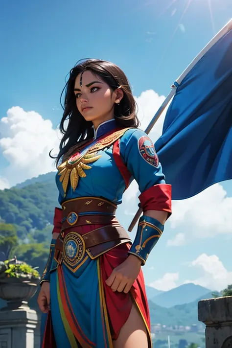 Heroes designed with typical features of Guatemalan culture and history、Hero suits with national flag motifs、A strong sense of justice、Active and beautiful woman、Iconic Landmarks and Scenery、((Best Quality))