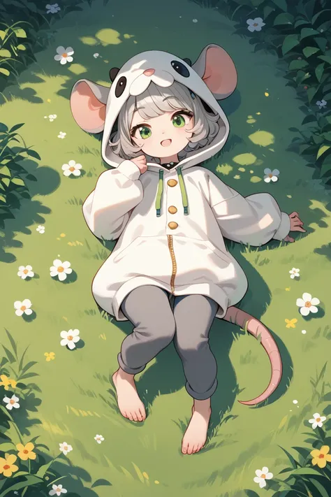 score_9, score_8_up, score_7_up, score_6_up, score_5_up, score_4_up,
m0use_goldie, cuillu, outdoors, lying, grass, rat onsie, barefoot, animal costume, tail, cute, (grey fur, grey ears, green eyes), (high angle view:1.4), (look at viewer:1.8), (open mouth:...