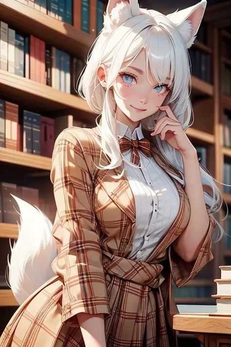 Perfect face. Perfect hands. No human ears. A young white haired woman with copper eyes and white fox ears and a white fox tail in a plaid dress is smiling while leaning forward in the library